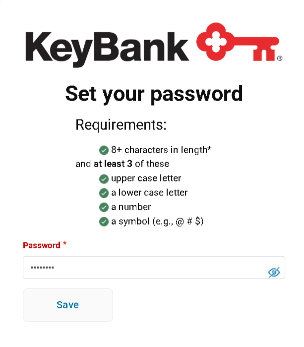 Set password screen with listed requirements