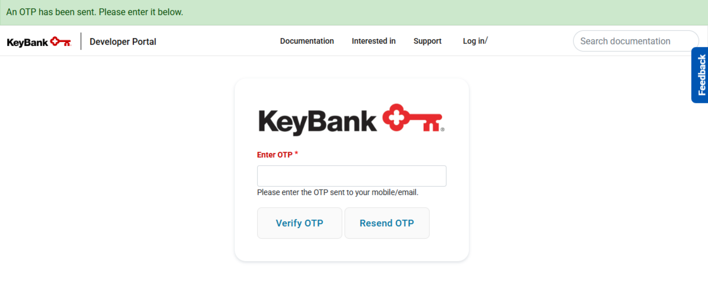 KeyBank Developer Portal page prompting the user to enter a one-time password (OTP)