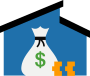 ACH Origination icon - Blue house with a bag of money and coins in front of it. 